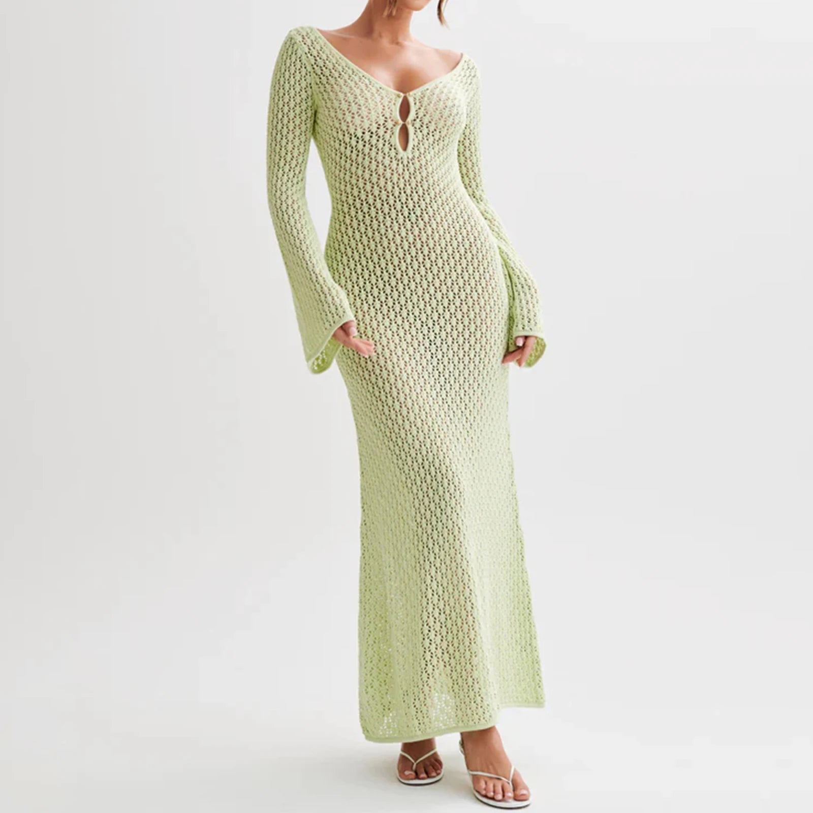 Yiiciovy Sexy Women Long Knit Beach Dress Hollow-Out Deep V-Neck Long Sleeve Bikini Cover-Ups Dress Fall Backless Holiday Dress - 3KDyn